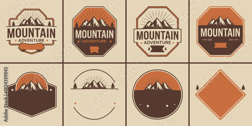 Vintage mountain adventure badge set with outdoor hiking emblem collection in retro colour palette for travel branding and wilderness label design