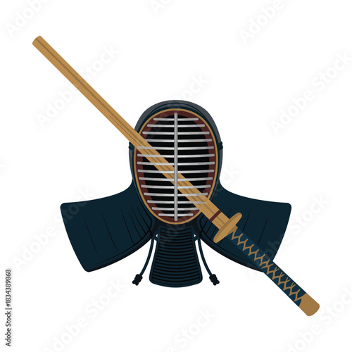 A kendo mask and bamboo stick, clean vector, white background.