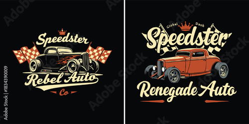 Vintage hot rod speedster emblem set with racing flags and retro custom auto styling