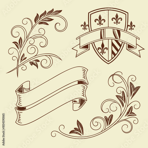 Medieval heraldic shield with fleur de lis and ribbons surrounded by ornate floral scrolls crest coat of arms