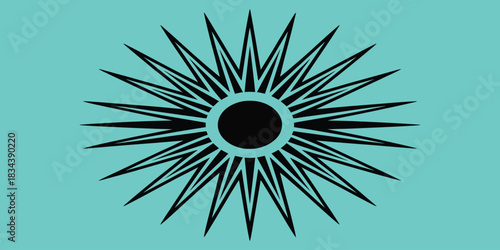 abstract burst starburst sun icon in black and white vector illustration, minimalist geometric symbol suitable for logos, branding, decorative design, retro themes, and modern graphic applications.