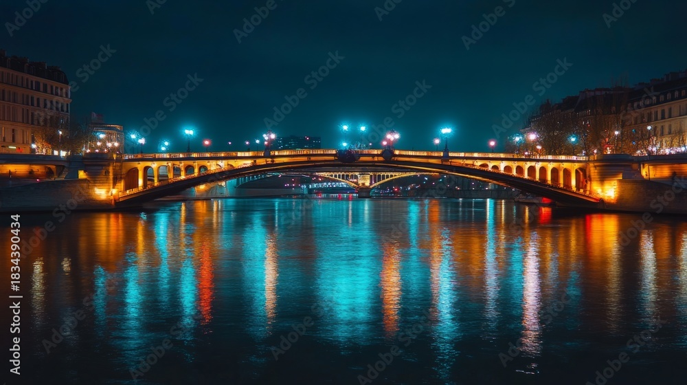 Fototapeta premium Beautiful illuminated bridge over a large lake, light reflected in the water generative ai