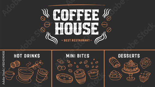 Coffee house menu illustration with hand drawn hot drinks mini bites and dessert icons in vintage café style