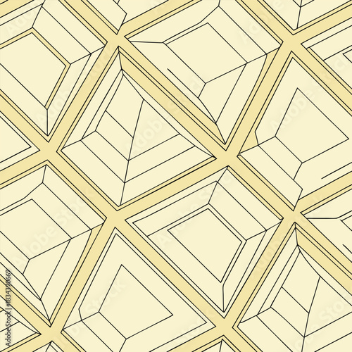 Seamless geometric pattern of isometric diamond shapes with internal lines on a pale yellow background