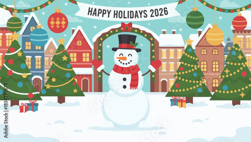 snowman placed in the center of a snow covered village square decorated with Christmas ornaments, creating a charming 2026 holiday atmosphere