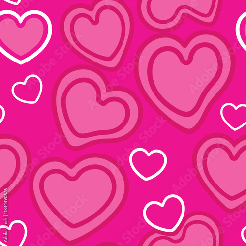 Seamless pattern of pink hearts with white and dark pink outlines on a bright pink background Keywords: heart, hearts, love, romance, valentine