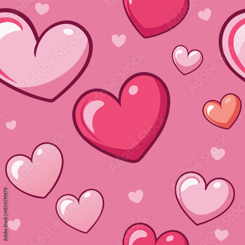 Seamless Pattern of Pink and Red Hearts on a Pink Background Keywords: heart, hearts, love, romance, valentine, valentines day, seamless, pattern