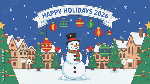snowman placed in the center of a snow covered village square decorated with Christmas ornaments, creating a charming 2026 holiday atmosphere