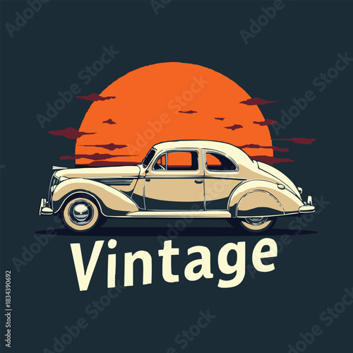 Vintage classic car illustration with retro sunset background in bold graphic style