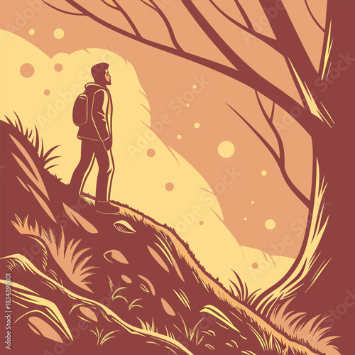 Silhouette of a lone hiker on a hill with stylized trees and warm sunset colors backpack walking
