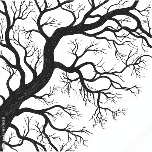 Stylized black silhouette of a bare tree with intricate branches against a white background winter