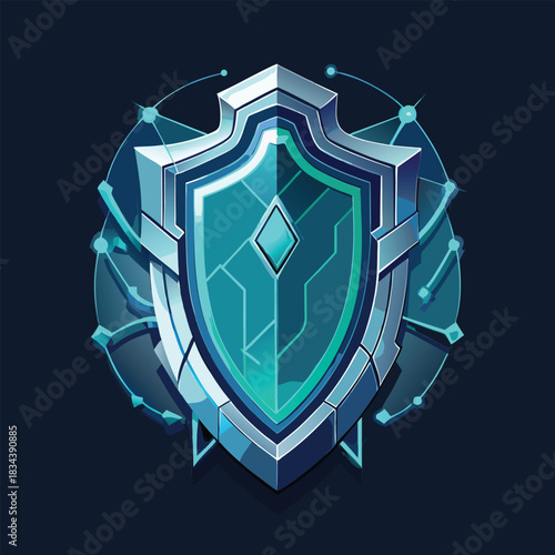 Stylized blue shield with diamond shape and circuit board patterns on dark background vector illustration
