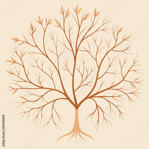 Stylized tree with roots and a few leaves forming a circular pattern on a light background branches