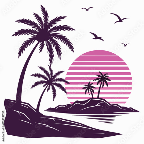 Tropical island palm trees at sunset with striped sun and birds Keywords: tropical, island, palm trees, sunset, sun, birds, ocean, sea, beach
