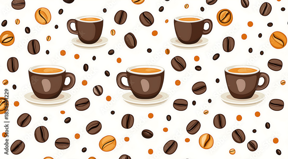 Fototapeta premium Pattern design featuring coffee cups and coffee beans in various shades 