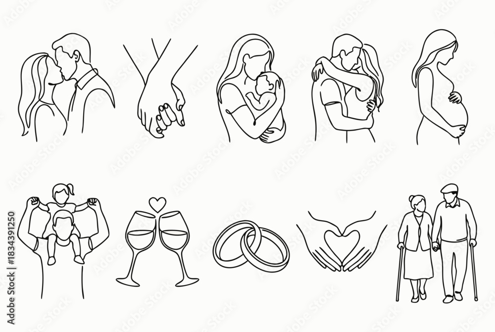 Fototapeta premium Minimalist Line Drawings of Love and Family Life – Romantic and Parenting Illustration Collection