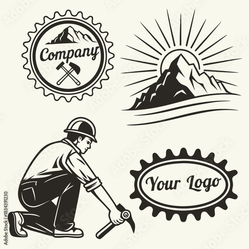 Vintage Mining Emblems and Miner Illustration with Pickaxe and Mountains logo