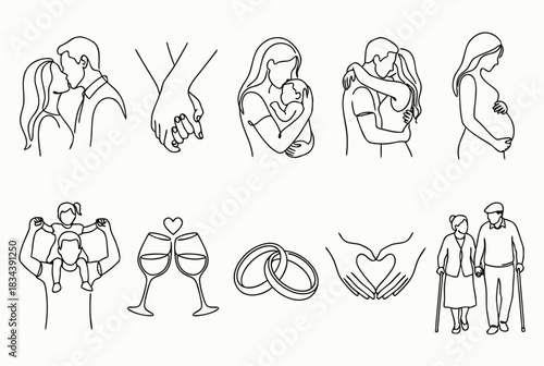 Minimalist Line Drawings of Love and Family Life – Romantic and Parenting Illustration Collection