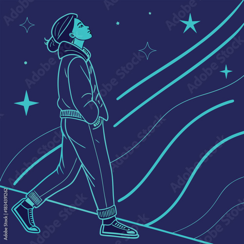 Woman walking forward with hands in pockets against a dark blue starry background vector illustration