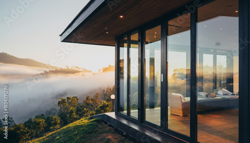 Modern Home with Panoramic Mountain View at Sunset Through Glass Sliding Doors