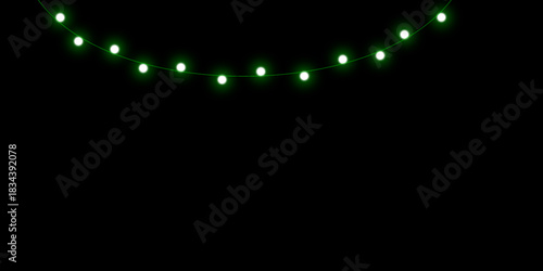 A string of glowing green fairy lights hanging in a gentle curve against a solid black background.