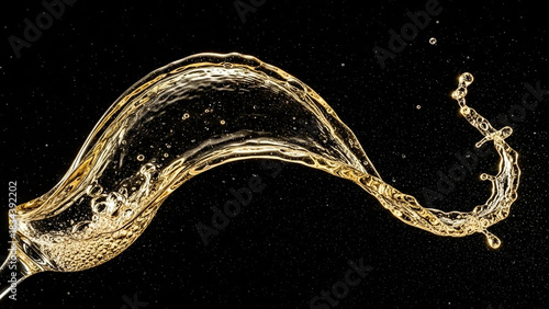 Elegant wave of sparkling white wine or champagne splashing in mid-air, isolated on a black background for dramatic effect