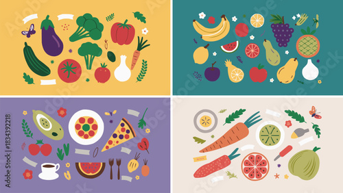 Colourful food illustration set with vegetables, fruit, pizza and kitchen elements in four vibrant panels