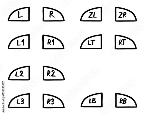 Controller button layout diagram featuring labeled left and right triggers bumpers and other controls for gaming console accessories, video game controller button