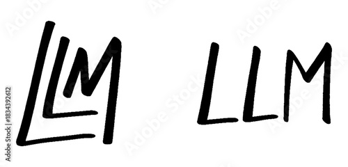 Hand-drawn LLM or large language model text in black ink on a white background for use in ai or legal contexts and design projects with a modern style