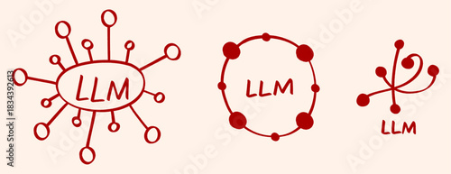 LLM or large language model icon in red ink isolated on a background showcasing different network structures and connections, llm illustration