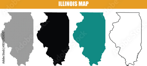Illinois State Map Four Variations Dotted Solid and Outline Illustration