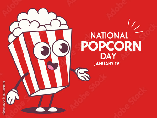Celebrating National Popcorn Day on January 19th with a Cartoon Popcorn Character on a Red Background