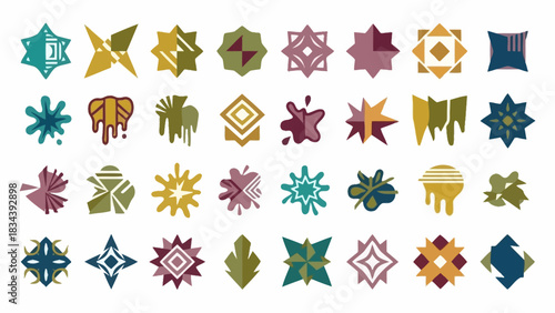 Abstract Geometric Icon Set Featuring Symmetrical and Asymmetrical Forms – Including Starbursts, Leaf Motifs, and Dripping Shapes for Visual Themes in Modern Design, Branding, and Decorative 