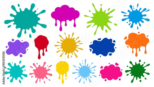Colorful Paint Splatter Icon Set Featuring Abstract Shapes and Irregular Forms – Ideal for Artistic Design, Visual Effects, and Creative Projects in Branding, Education, and Expressive Illustration