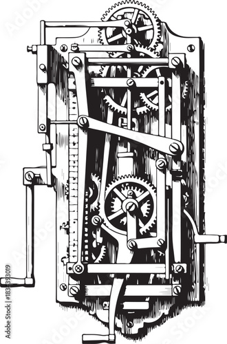 Detailed Vintage Mechanical Clockwork and Industrial Gear Machinery Engraving Illustration