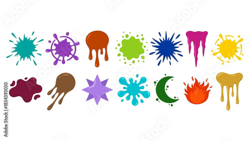 Colorful Paint Splatter Icon Set Featuring Abstract Shapes and Irregular Forms – Ideal for Artistic Design, Visual Effects, and Creative Projects in Branding, Education, and Expressive Illustration