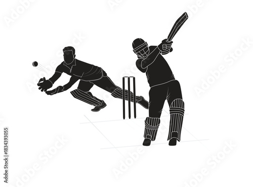 Cricket player line art drawing illustrations, sketch of a cricket player, The set of cricket player silhouette, Doodle sketch, Catch the ball, Cricket action pose line art championship.	