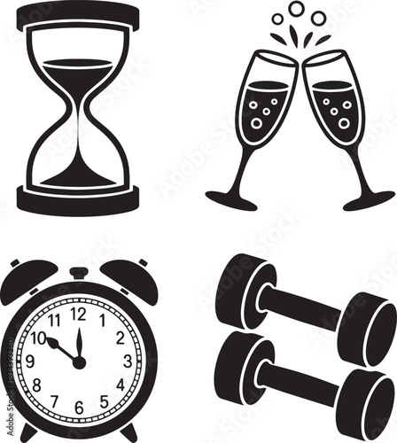 New year's resolutions concept with dumbbells, clock, champagne glasses and sand clock