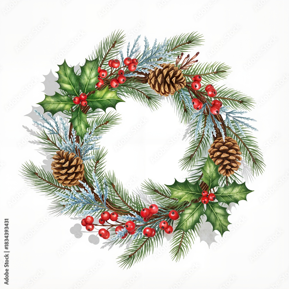 Fototapeta premium Christmas wreath decorated with pinecones, holly, and berries 