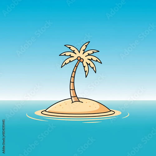 Cartoon Island with Palm Tree in the Middle of the Ocean.