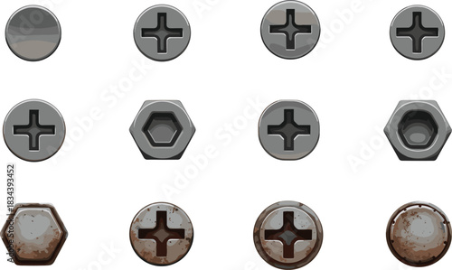 Screw Head Types and Conditions Displayed in Grid Format Featuring Clean, Rusty, Hexagonal, and Cross-Slot Designs