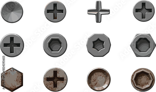 Detailed vector collection of multiple screw and bolt head designs, featuring Phillips, flat, hex, star, and rusty metal textures for hardware or tool illustrations.