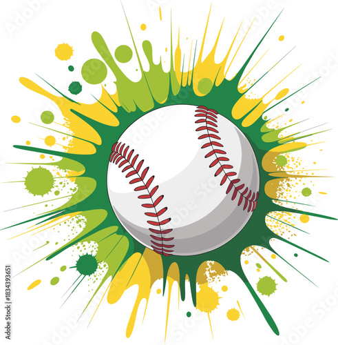 Dynamic Baseball Splash Artwork Featuring Red-Stitched Ball with Vibrant Green and Yellow Paint Splatters in Abstract Sports Design