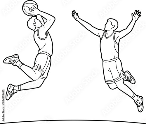 Energetic basketball players jumping and competing in action, detailed sports illustration capturing athletic motion, teamwork, intensity, and movement for posters, training materials