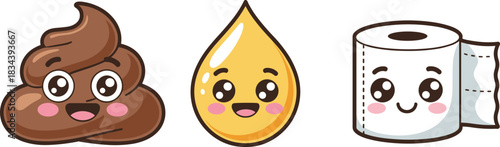 Funny Cartoon Hygiene Characters Featuring Poop Emoji, Urine Drop, and Toilet Paper with Smiling Faces in Vector Style