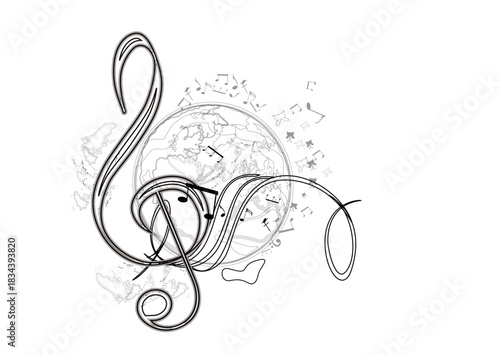 Abstract musical design with a treble clef and Planet Earth, colorful splashes, notes and waves.  Planet music. Hand drawn vector illustration.