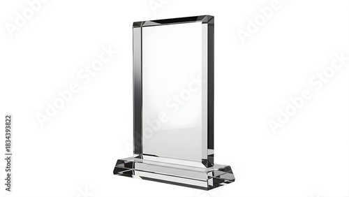 Vertical rectangular crystal glass award plaque with a sturdy base isolated on white background