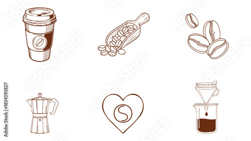 Illustration of collection of six hand drawn coffee related icons including cup bean scoop moka pot and pour over