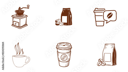 Illustration of set of six hand drawn coffee icons including grinder, bean bag, cup, and takeaway drink