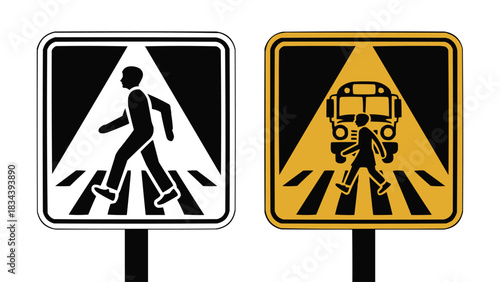 Pedestrian crossing safety signs with silhouette walker and school bus icon in caution square road symbol set